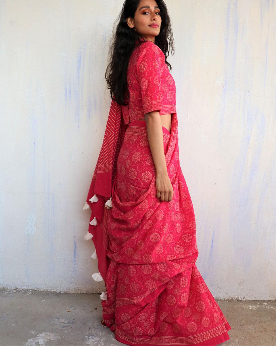 Bira Hand Blockprinted Cotton Saree - Butterfly Girls - Image 7