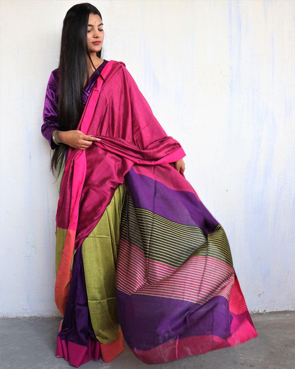 Ahona Handwoven Pure Cotton Viscose Saree - Holi - Image 9