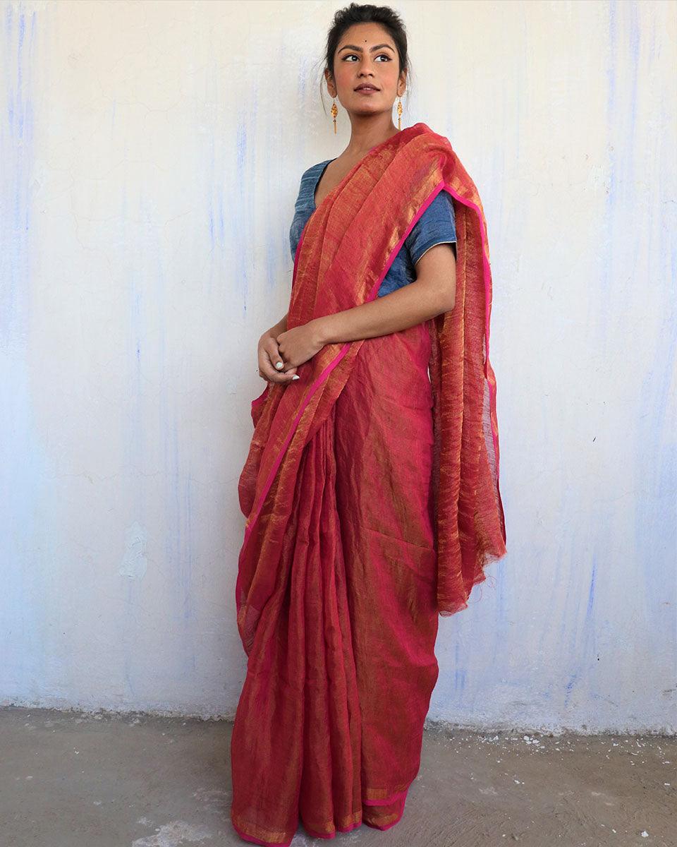Inaayat Pink Handwoven Linen Saree-Melting Moon - Image 4