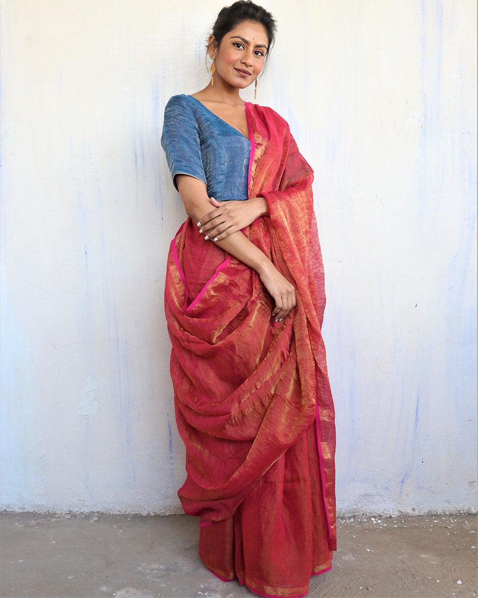 Inaayat Pink Handwoven Linen Saree-Melting Moon - Image 6