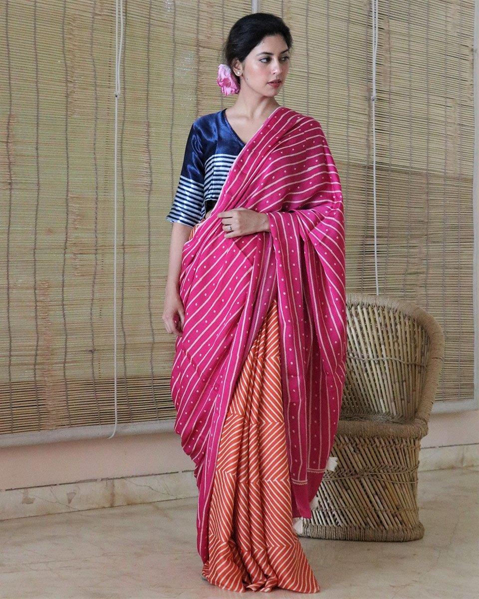 Rani-Orange Blockprinted Modal Silk Saree - Image 4