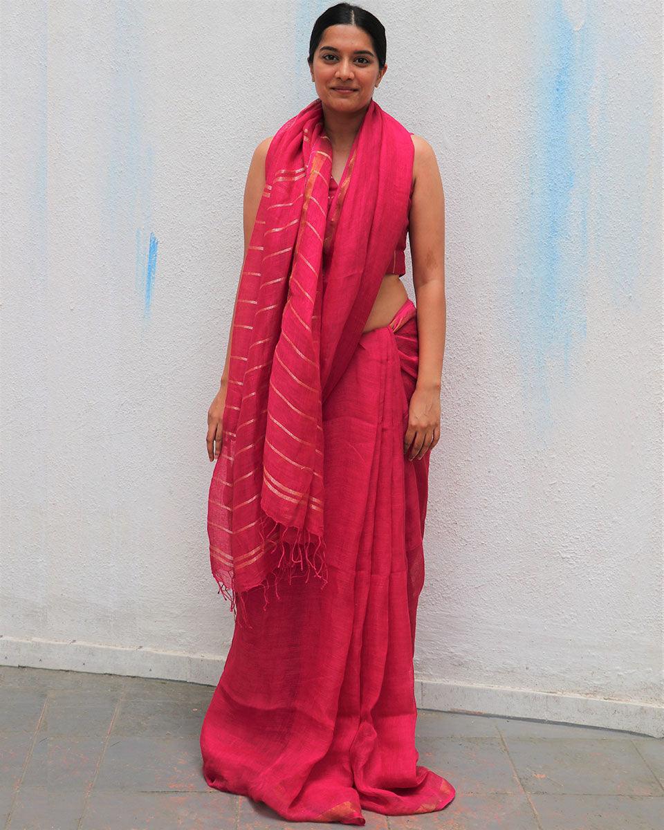 Azalea Fantasy Handwoven Linen Saree - Everyday Beautiful - Image 2
