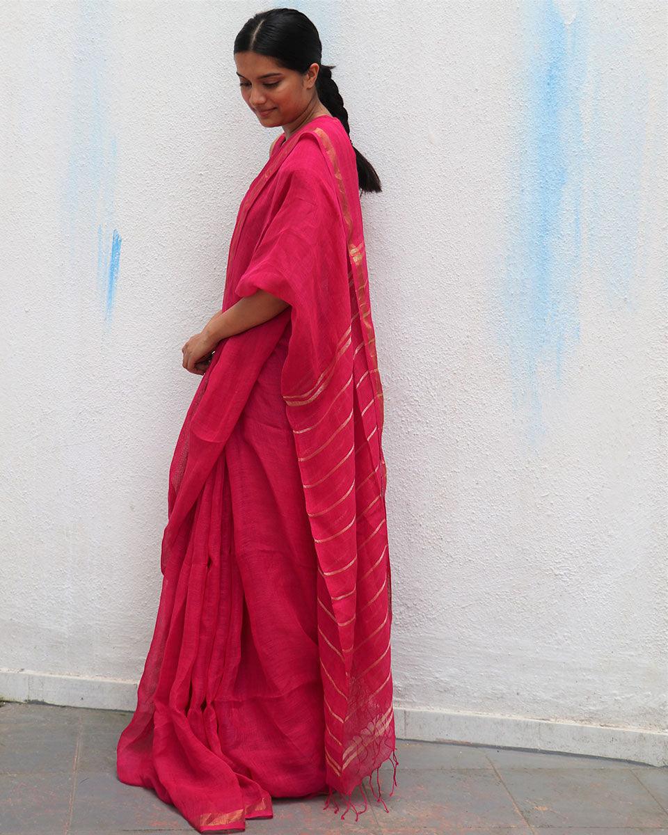 Azalea Fantasy Handwoven Linen Saree - Everyday Beautiful - Image 4