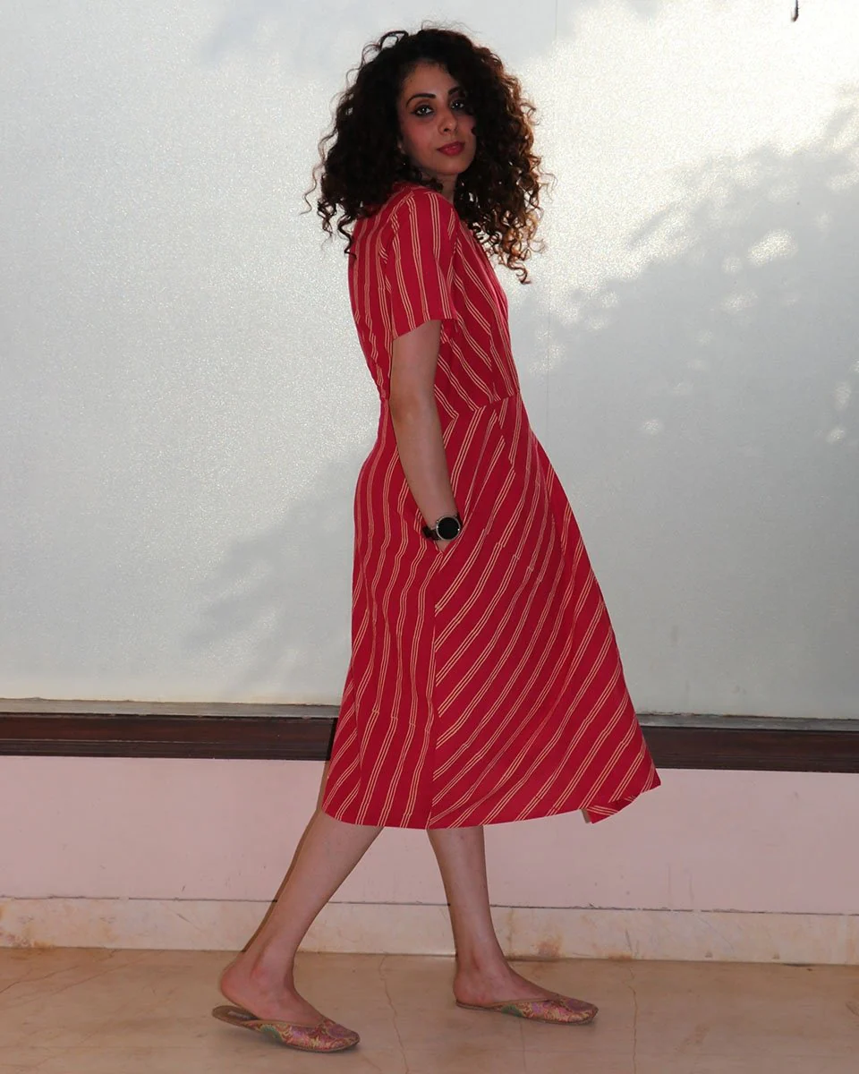 Rani Stripe Overlap Blockprinted Cotton Dress - Image 2
