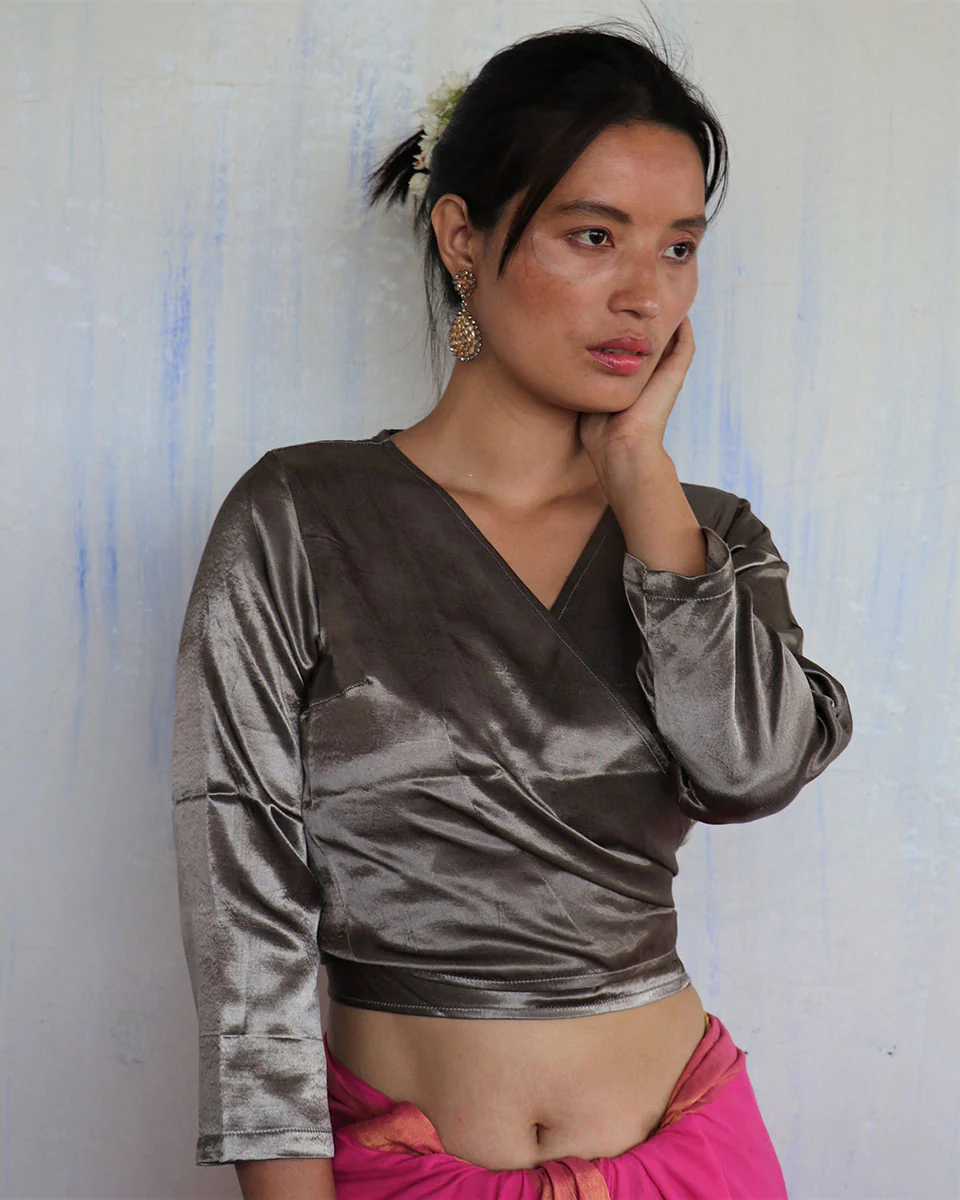 Grey Tie-Up Mashru Silk Blouse-Sahar - Image 3