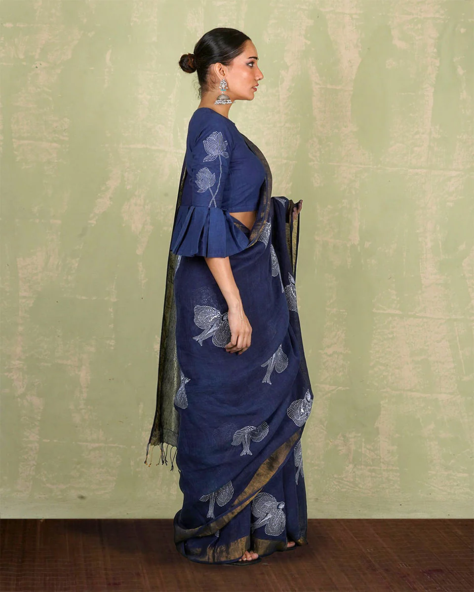 Rasiya Blue Handblock Print Linen Saree - INDI - Image 6