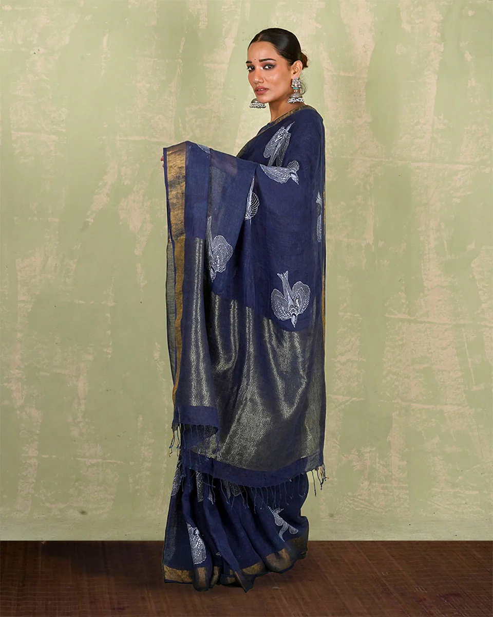 Rasiya Blue Handblock Print Linen Saree - INDI - Image 7