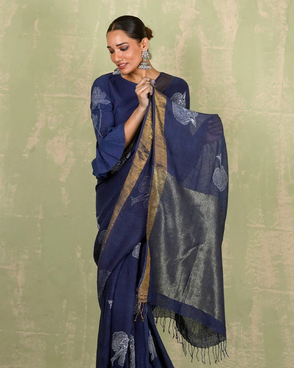 Rasiya Blue Handblock Print Linen Saree - INDI - Image 9