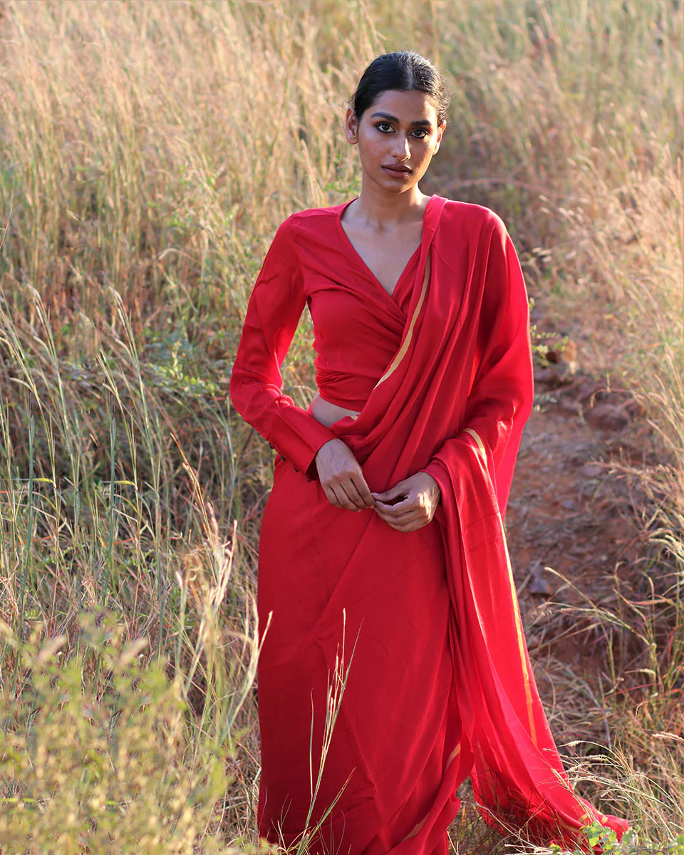 Red Blockprinted Modal Silk Saree - Rang - Image 5