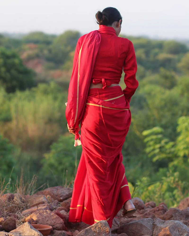 Red Blockprinted Modal Silk Saree - Rang - Image 9