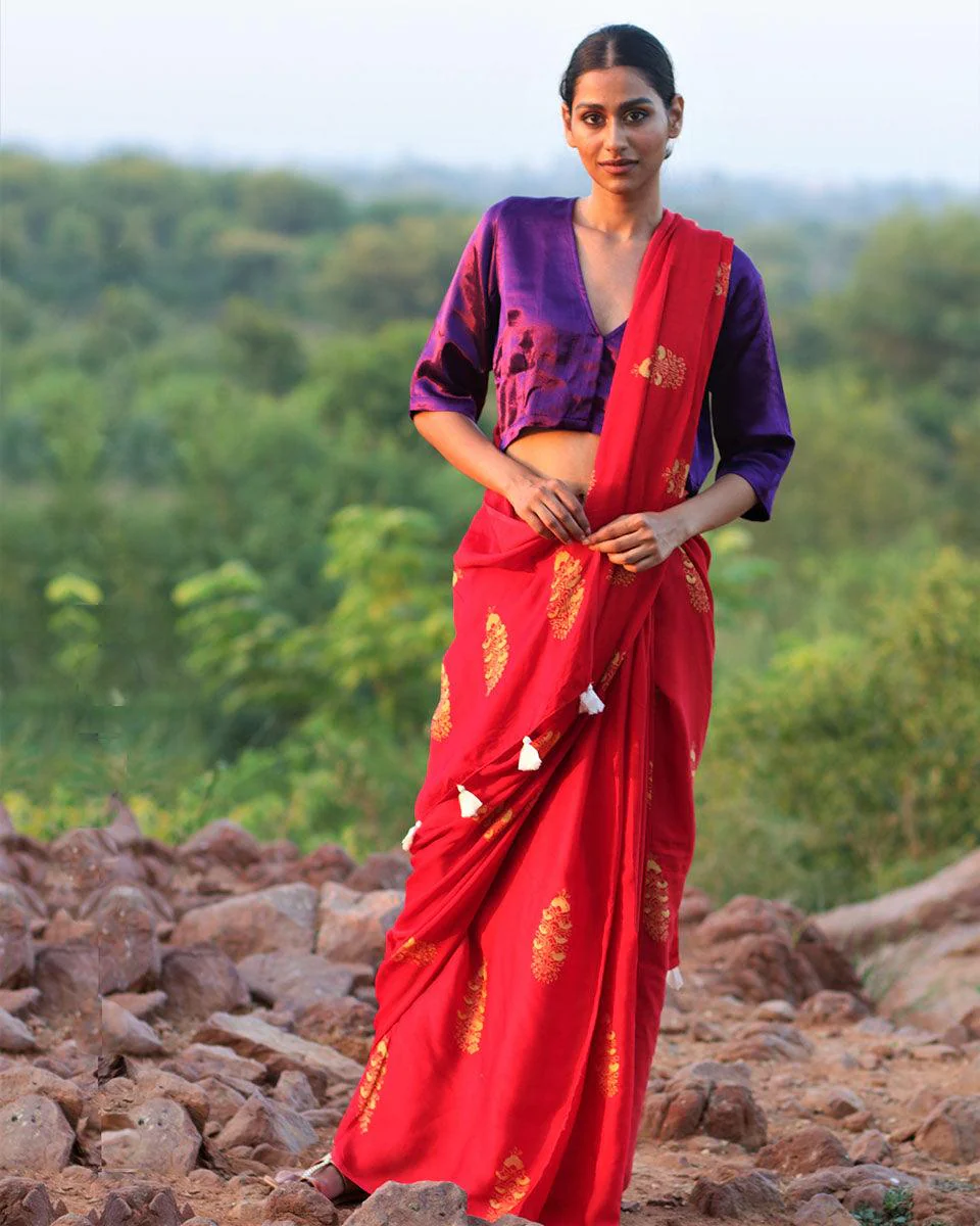 Red Block printed Modal Silk Saree - Rang - Image 5