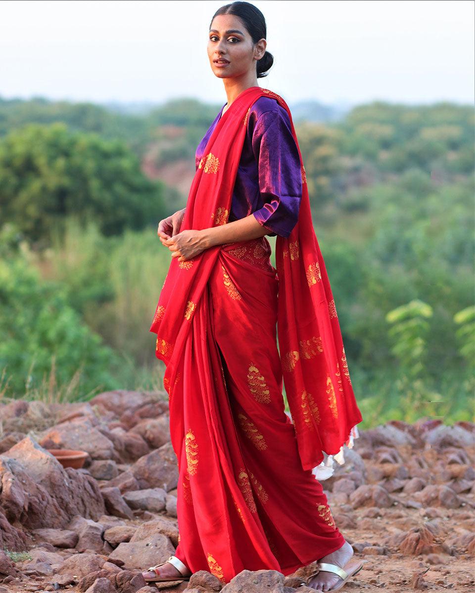 Red Block printed Modal Silk Saree - Rang - Image 6