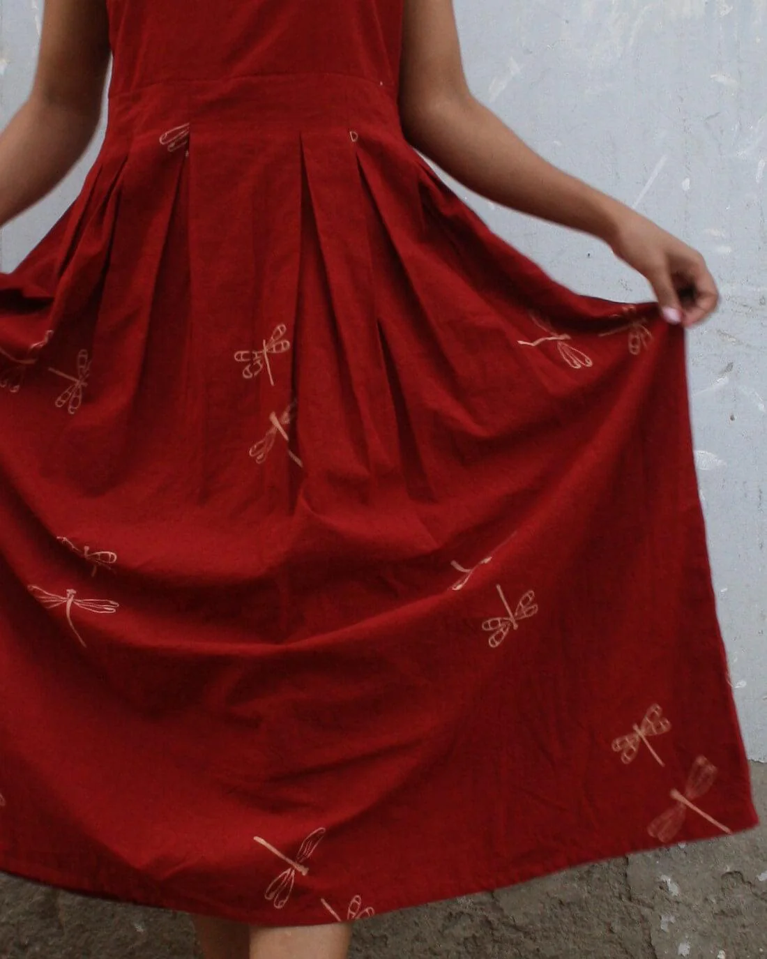 Red Dragonfly Blockprinted Cotton Dress - Image 5