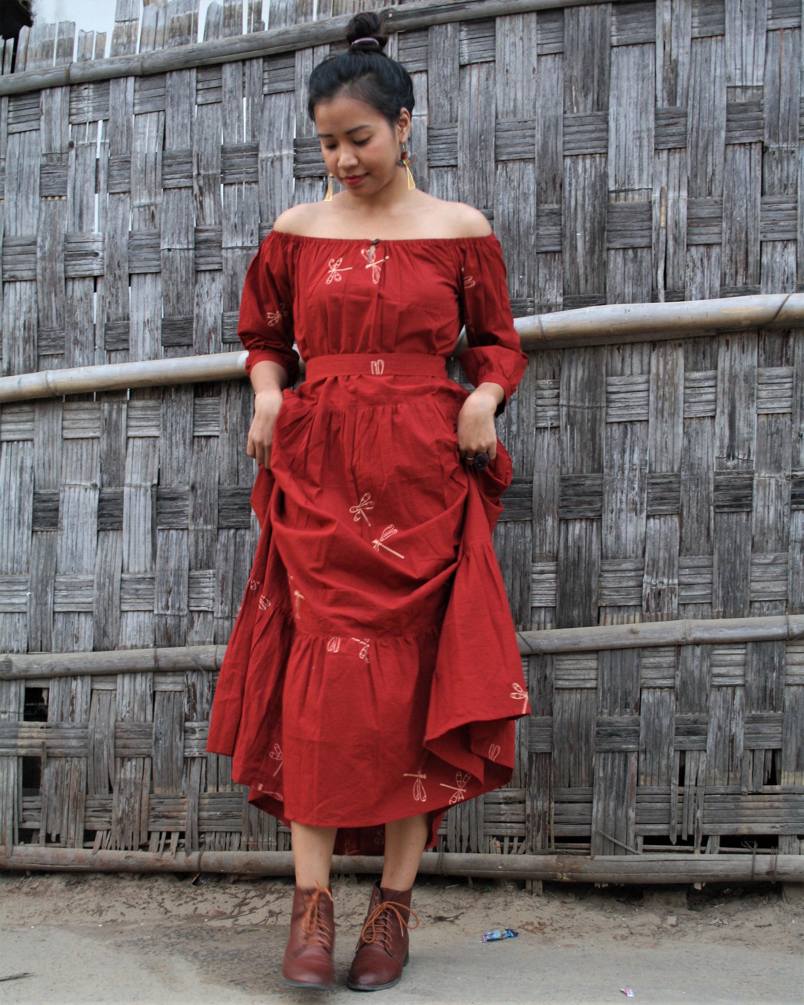 Red Dragonfly Blockprinted Offshoulder Cotton Dress - Image 5