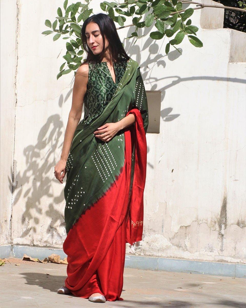 Red-Green Block Printed Modal Silk Saree - Image 2