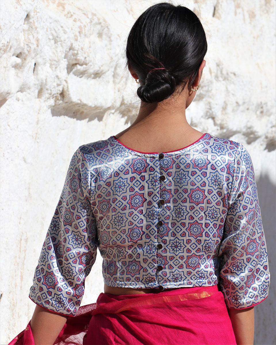 Red & Silver Blockprinted Mashru Silk Blouse-Lagn - Image 4