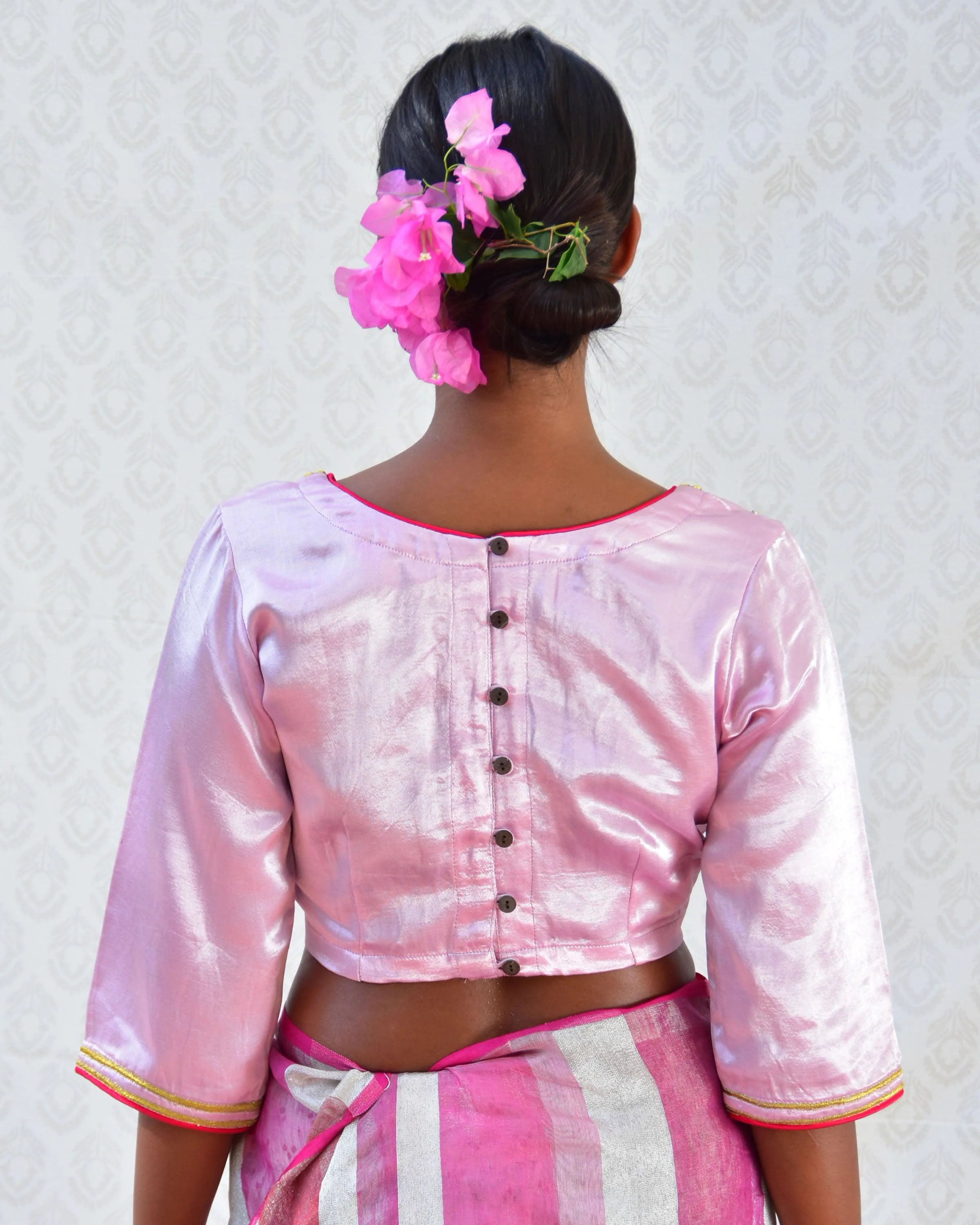 Regal Pink Hand Embroidered Mashru Silk Blouse - Bgvl - Image 3