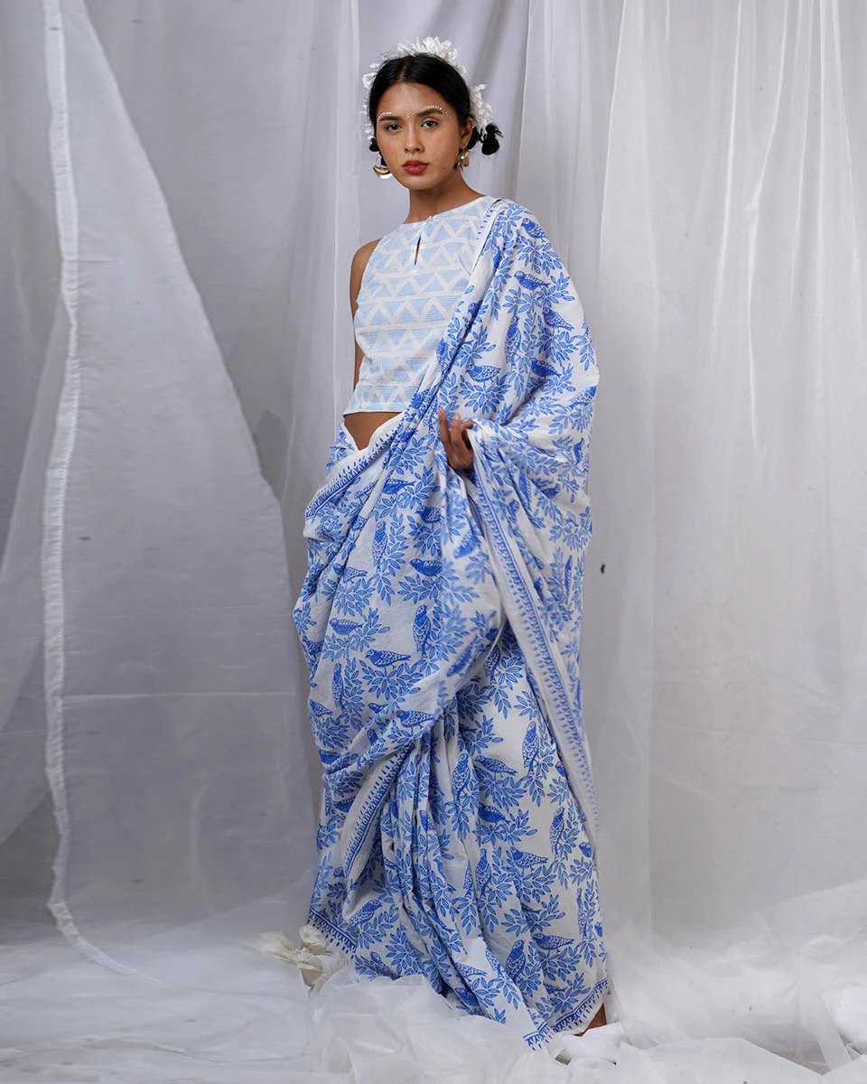 Rimi Ivory Hand Block Printed Saree-BAD - Image 6