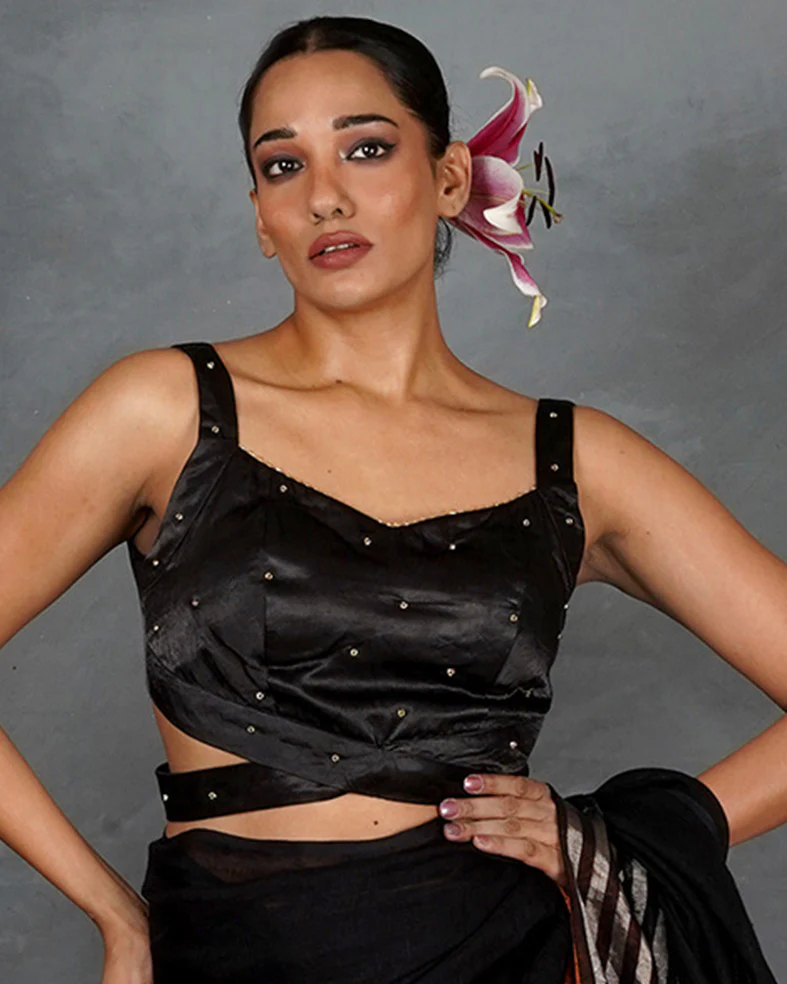 Rise Bright Black Mashru Silk Blouse - TARA - Image 6