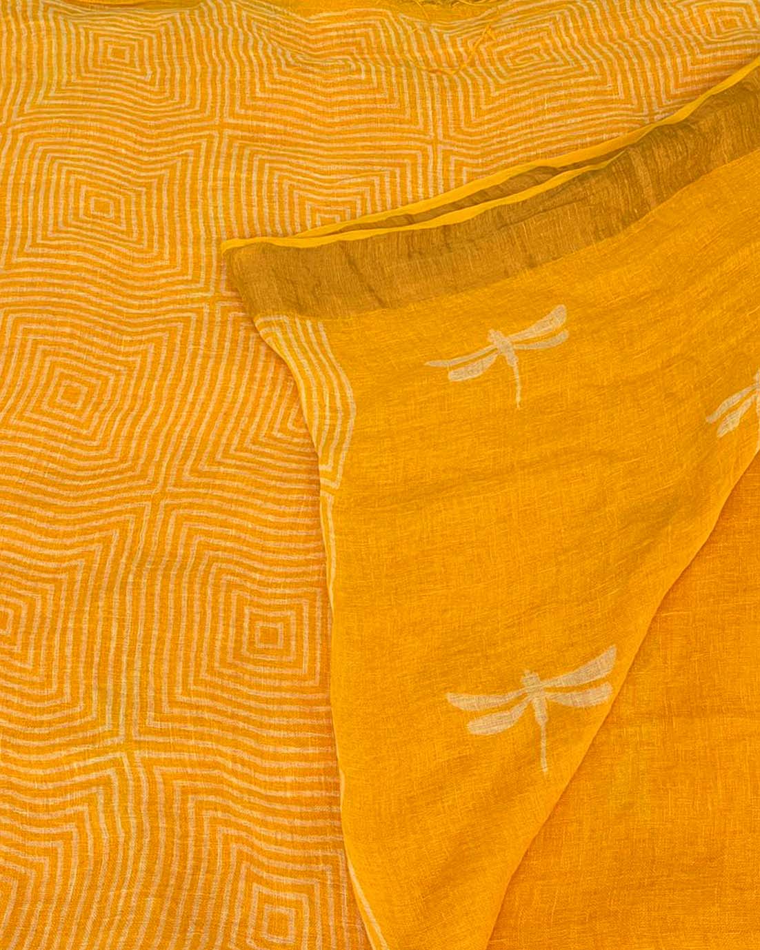 Roshni Yellow Handblock Linen Saree - TARA - Image 10