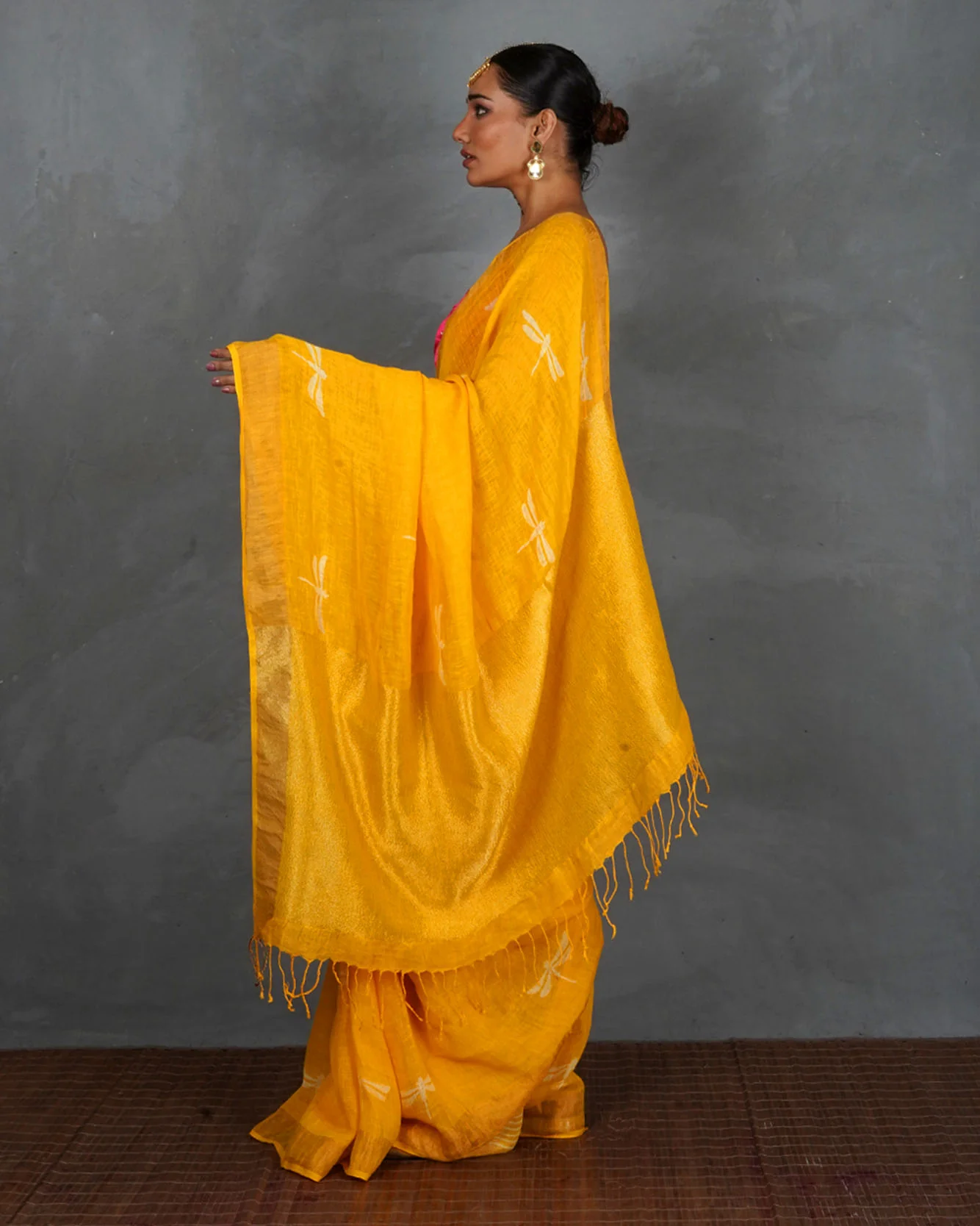 Roshni Yellow Handblock Linen Saree - TARA - Image 4