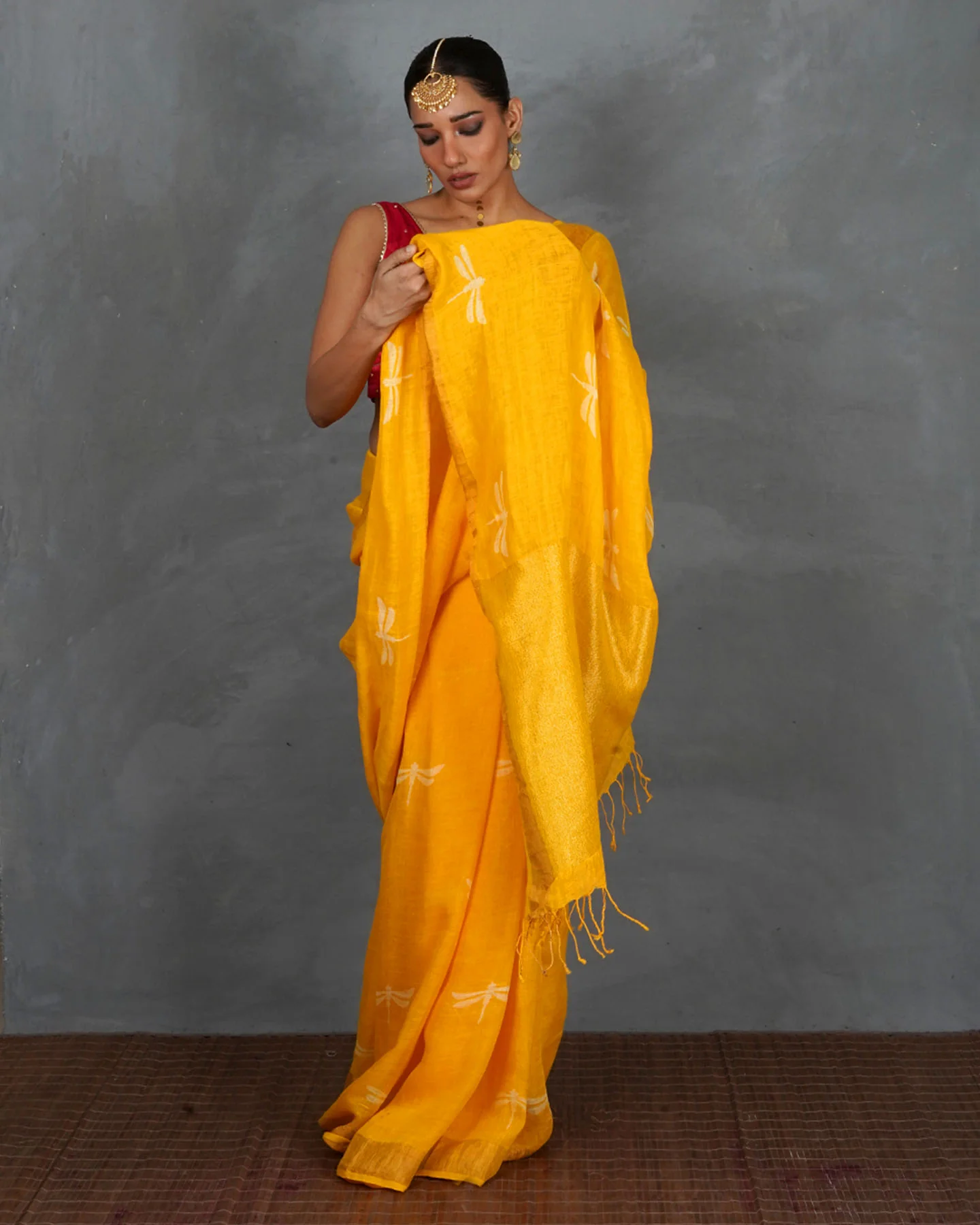 Roshni Yellow Handblock Linen Saree - TARA - Image 5