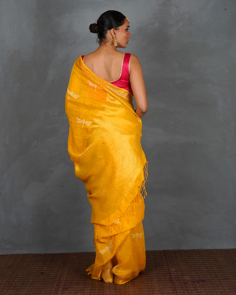Roshni Yellow Handblock Linen Saree - TARA - Image 6