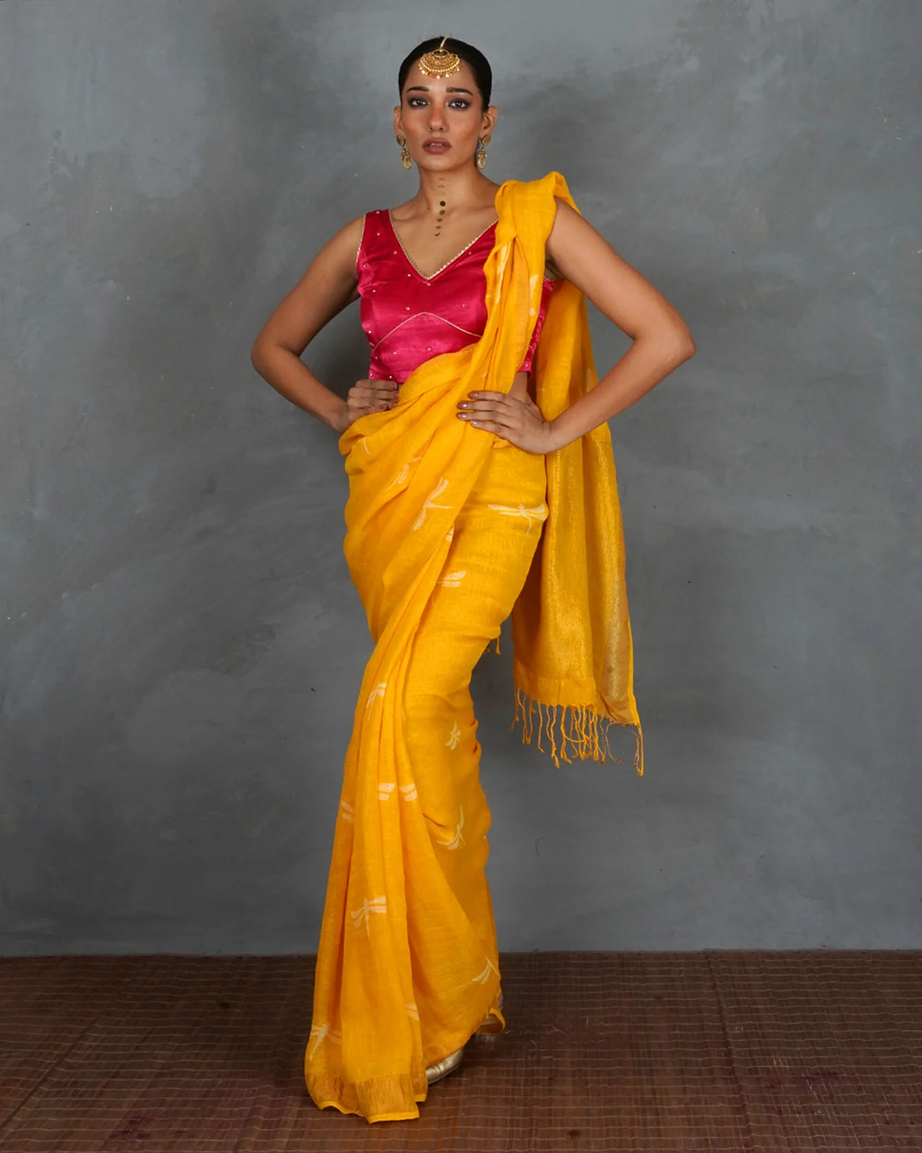 Roshni Yellow Handblock Linen Saree - TARA - Image 7