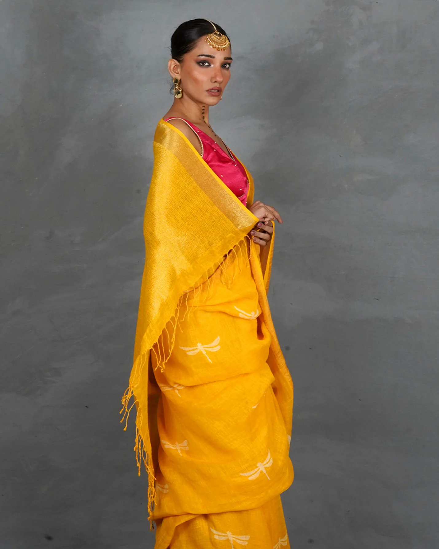 Roshni Yellow Handblock Linen Saree - TARA - Image 8
