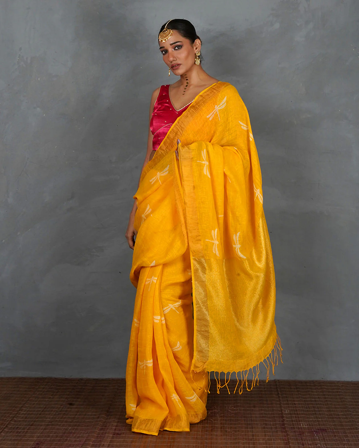 Roshni Yellow Handblock Linen Saree - TARA - Image 9