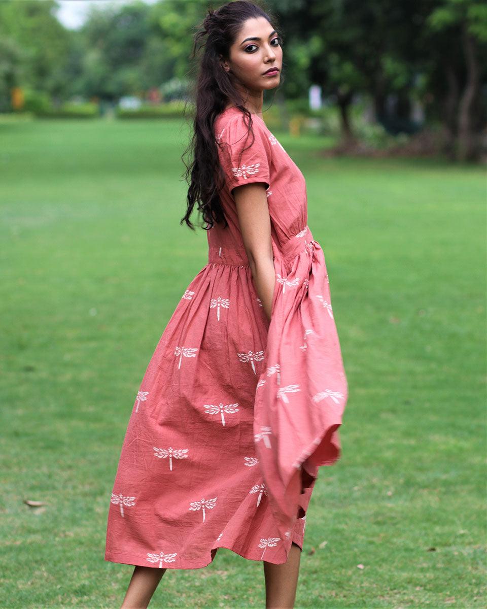 Rust Dragonfly Block Printed Cotton Dress-Mon - Image 5