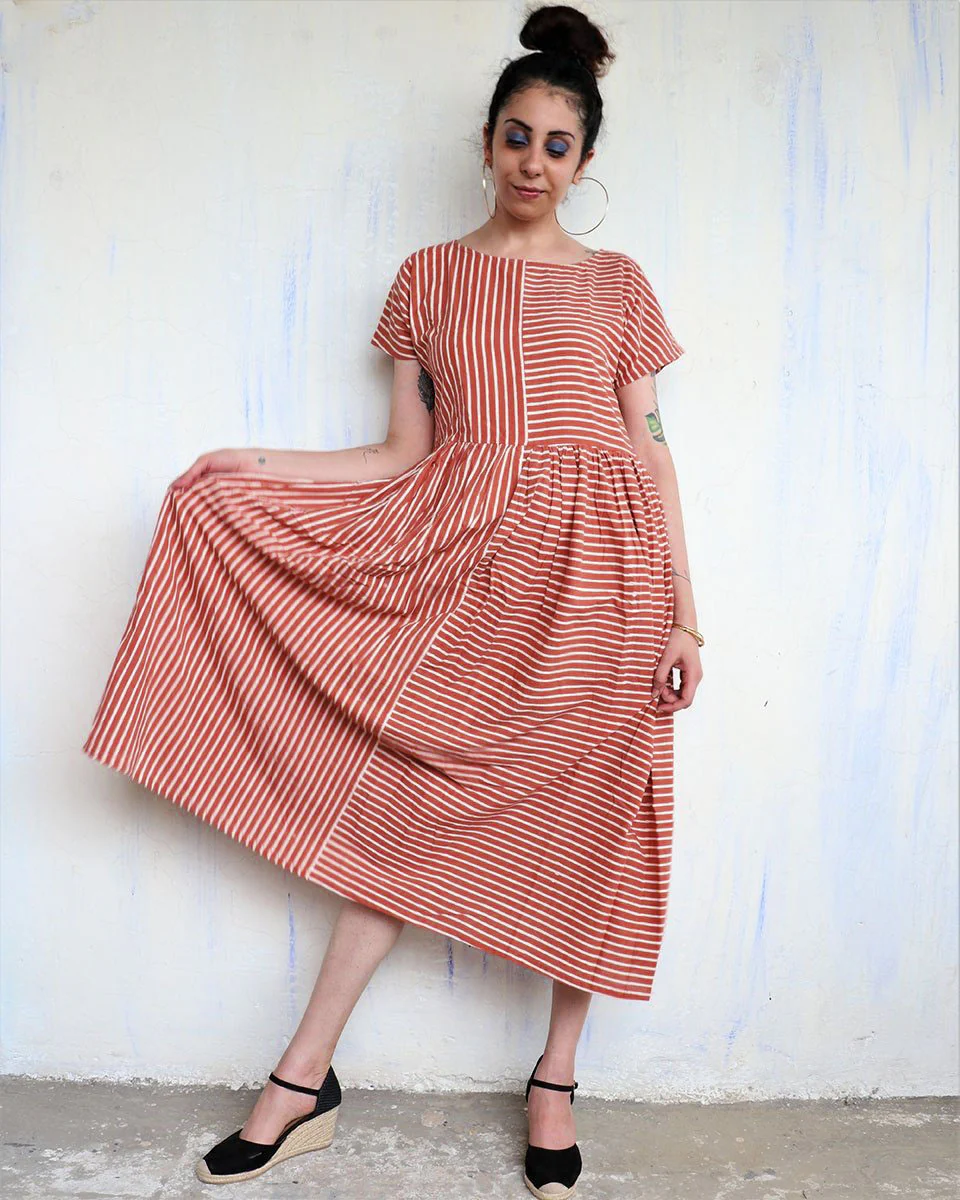 Rust Strip Blockprinted Dress