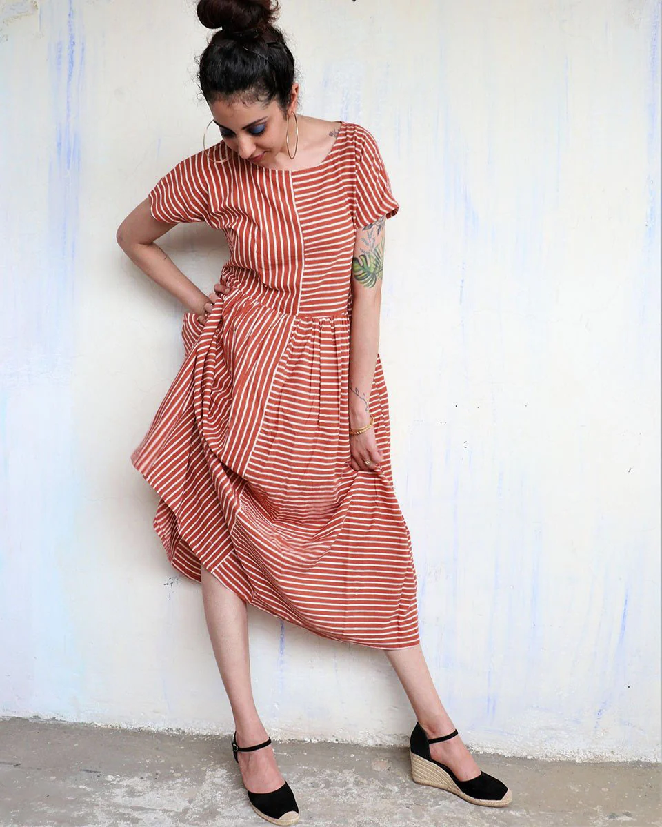 Rust Strip Blockprinted Dress - Image 4