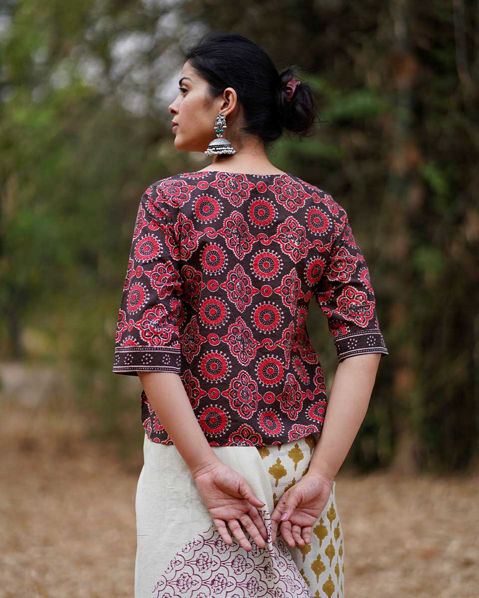 Saanjh Dhale Brown Block Printed Cotton Top - WW - Image 5
