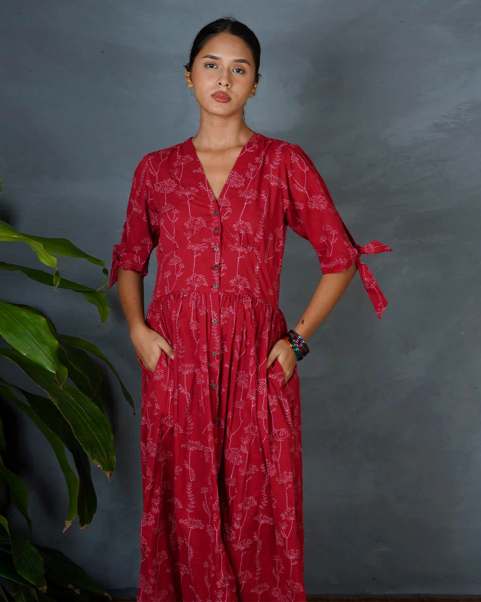Saanjhika Red Hand Block Printed Cotton Dress-MYA - Image 4