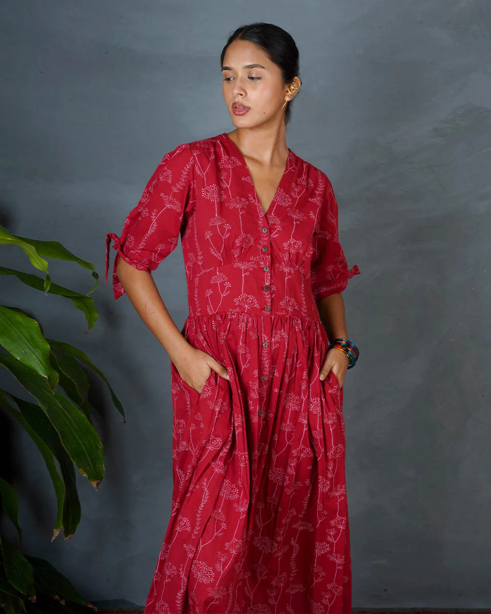 Saanjhika Red Hand Block Printed Cotton Dress-MYA - Image 6