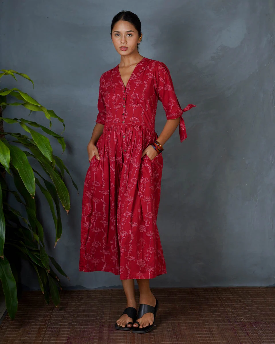 Saanjhika Red Hand Block Printed Cotton Dress-MYA - Image 7