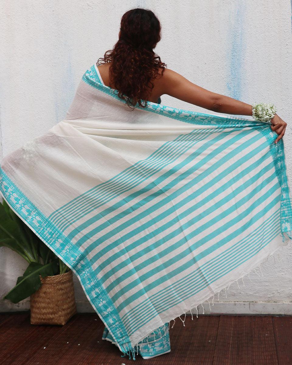 Sadhana Ivory Handwoven Linen Cotton Jamdani Saree - Uma - Image 10