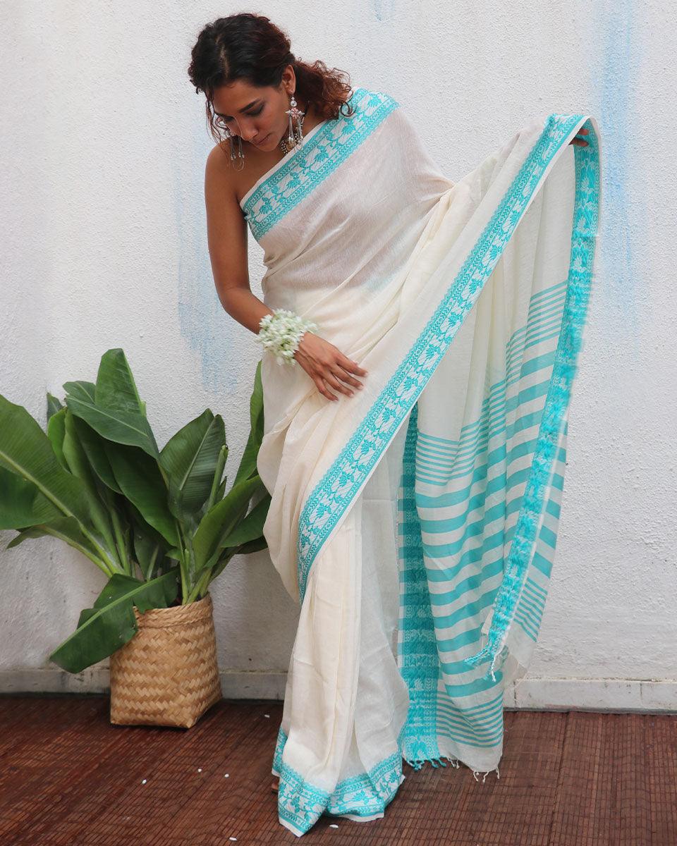 Sadhana Ivory Handwoven Linen Cotton Jamdani Saree - Uma - Image 2