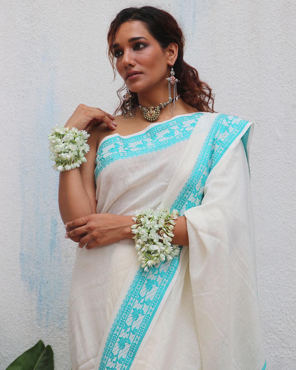Sadhana Ivory Handwoven Linen Cotton Jamdani Saree - Uma - Image 5