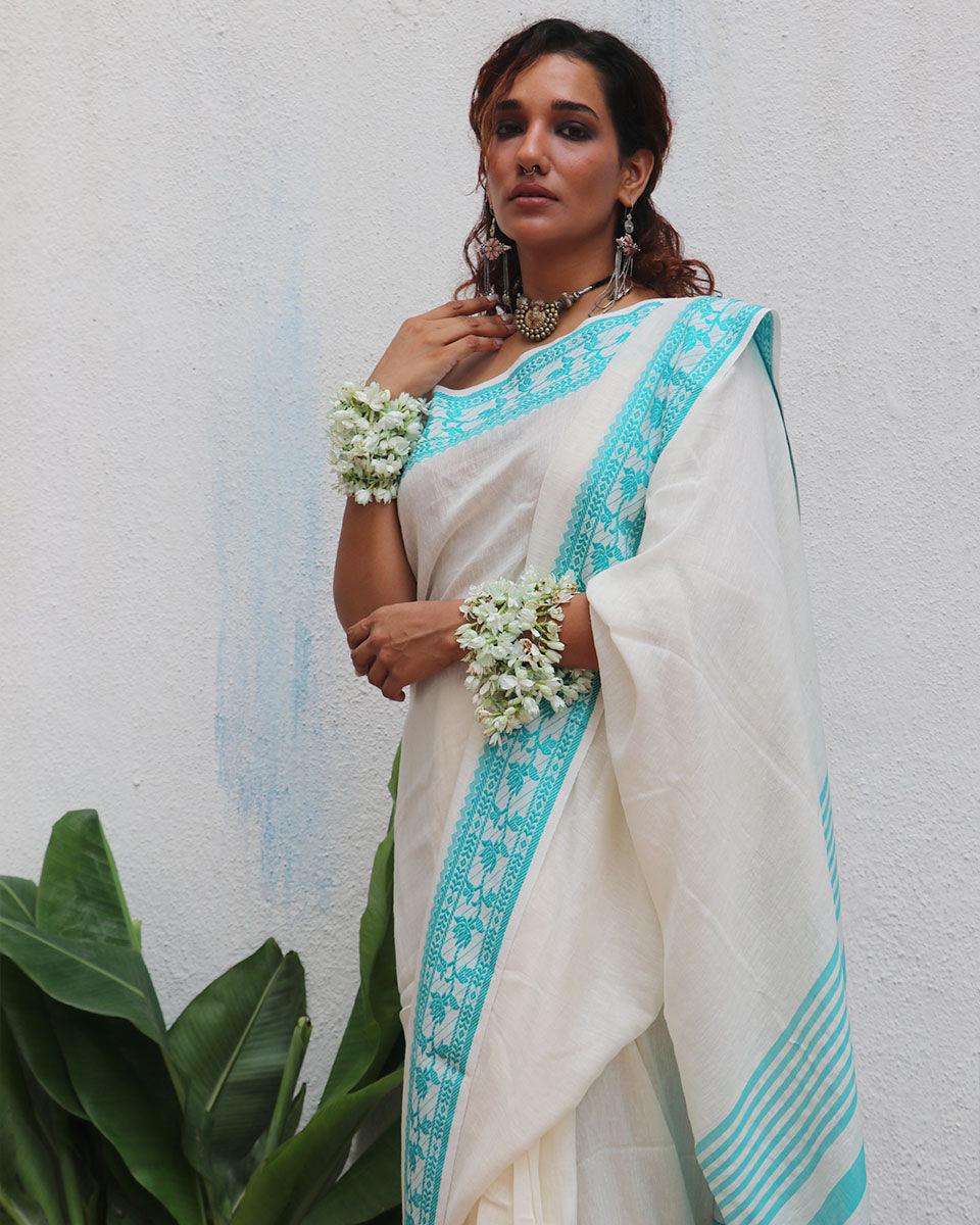 Sadhana Ivory Handwoven Linen Cotton Jamdani Saree - Uma - Image 6