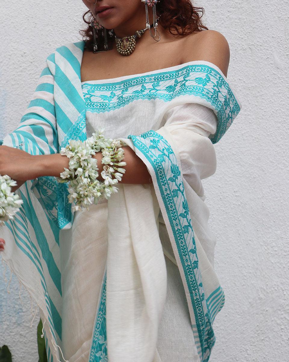 Sadhana Ivory Handwoven Linen Cotton Jamdani Saree - Uma - Image 8