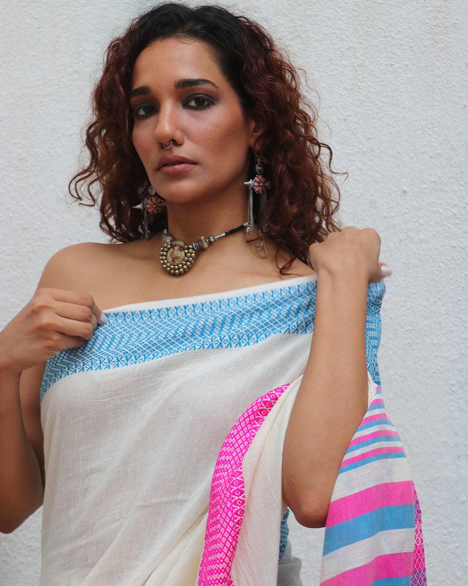 Sadhvi Ivory Handwoven Linen Cotton Jamdani Saree - Uma - Image 6