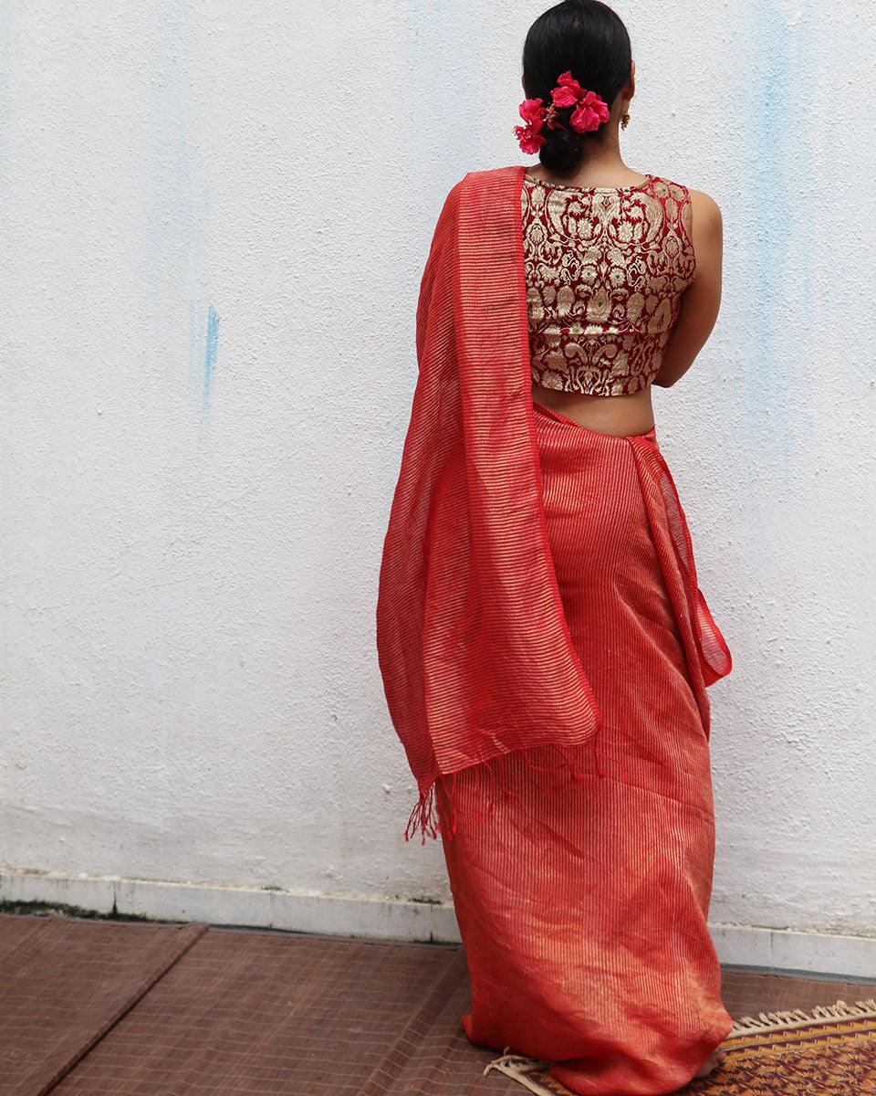 Red Handwoven Linen Zari Saree - TOG - Image 5
