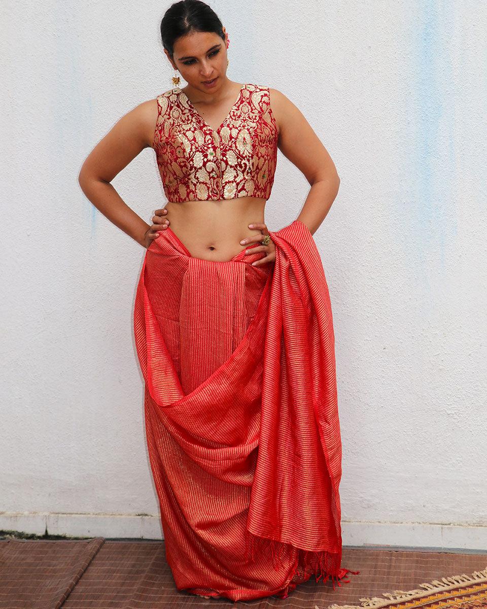 Red Handwoven Linen Zari Saree - TOG - Image 7