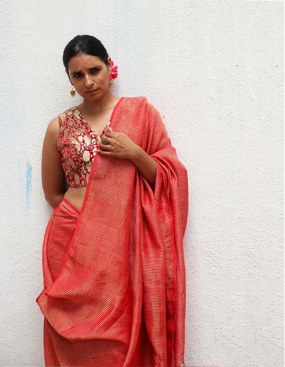 Red Handwoven Linen Zari Saree - TOG - Image 9