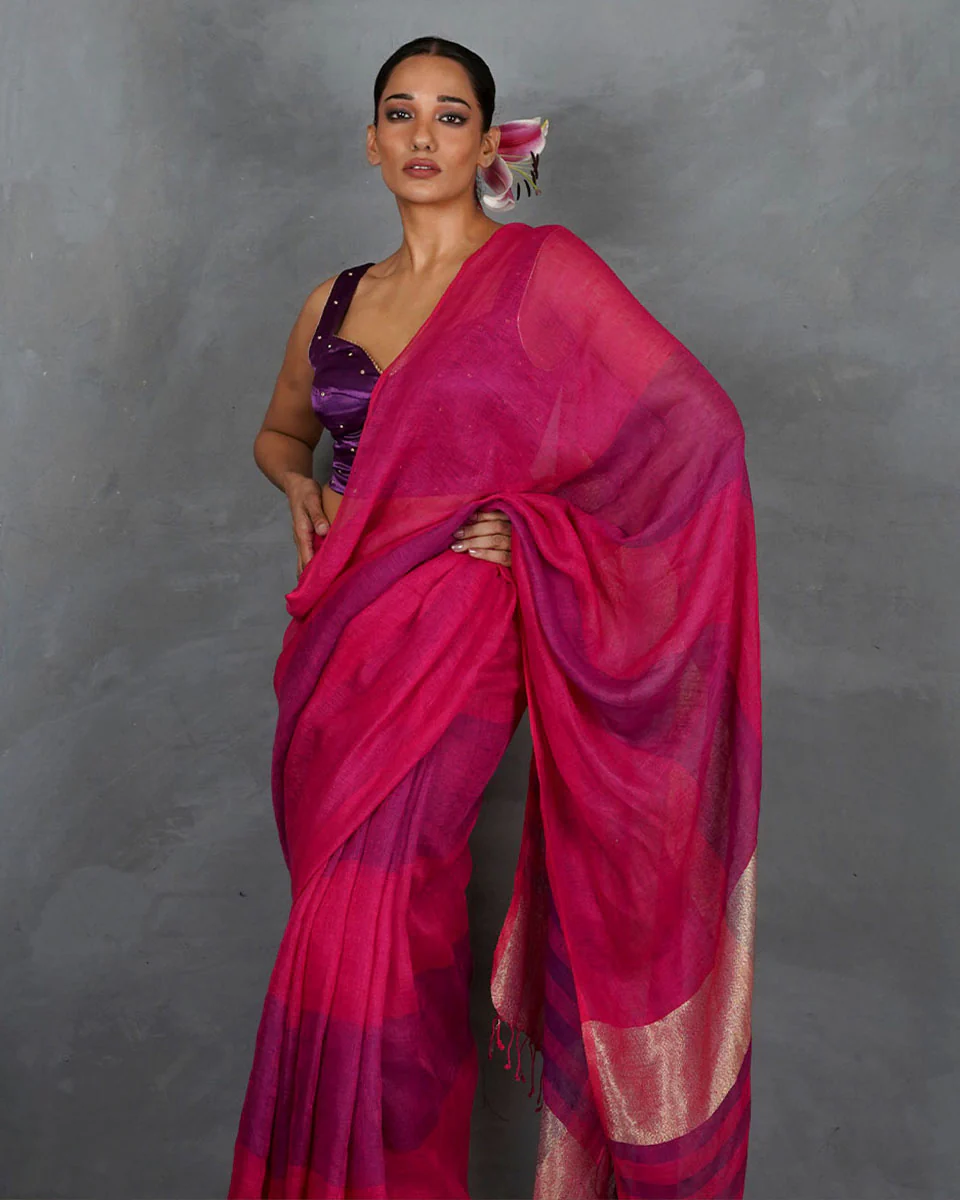 Samira Magneta Handwoven Linen Saree - TARA - Image 11