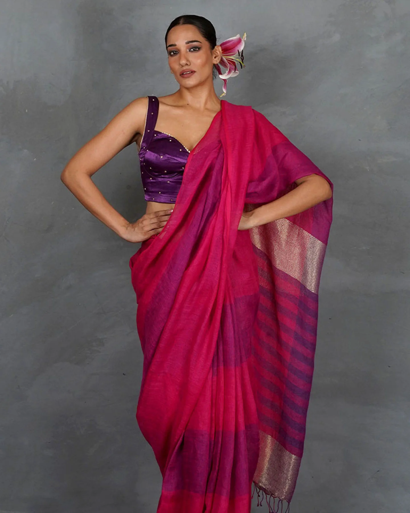 Samira Magneta Handwoven Linen Saree - TARA - Image 6