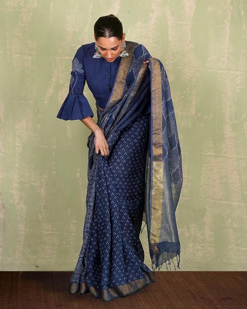 Sandhya Blue Handblock Print Linen Saree - INDI - Image 10