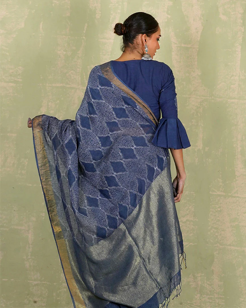 Sandhya Blue Handblock Print Linen Saree - INDI - Image 3